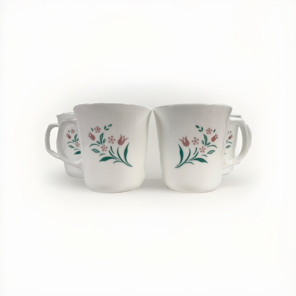 Vintage Lot 4 Corning  Rosemary Coffee Cups Tea Mugs Milk Glass Corelle